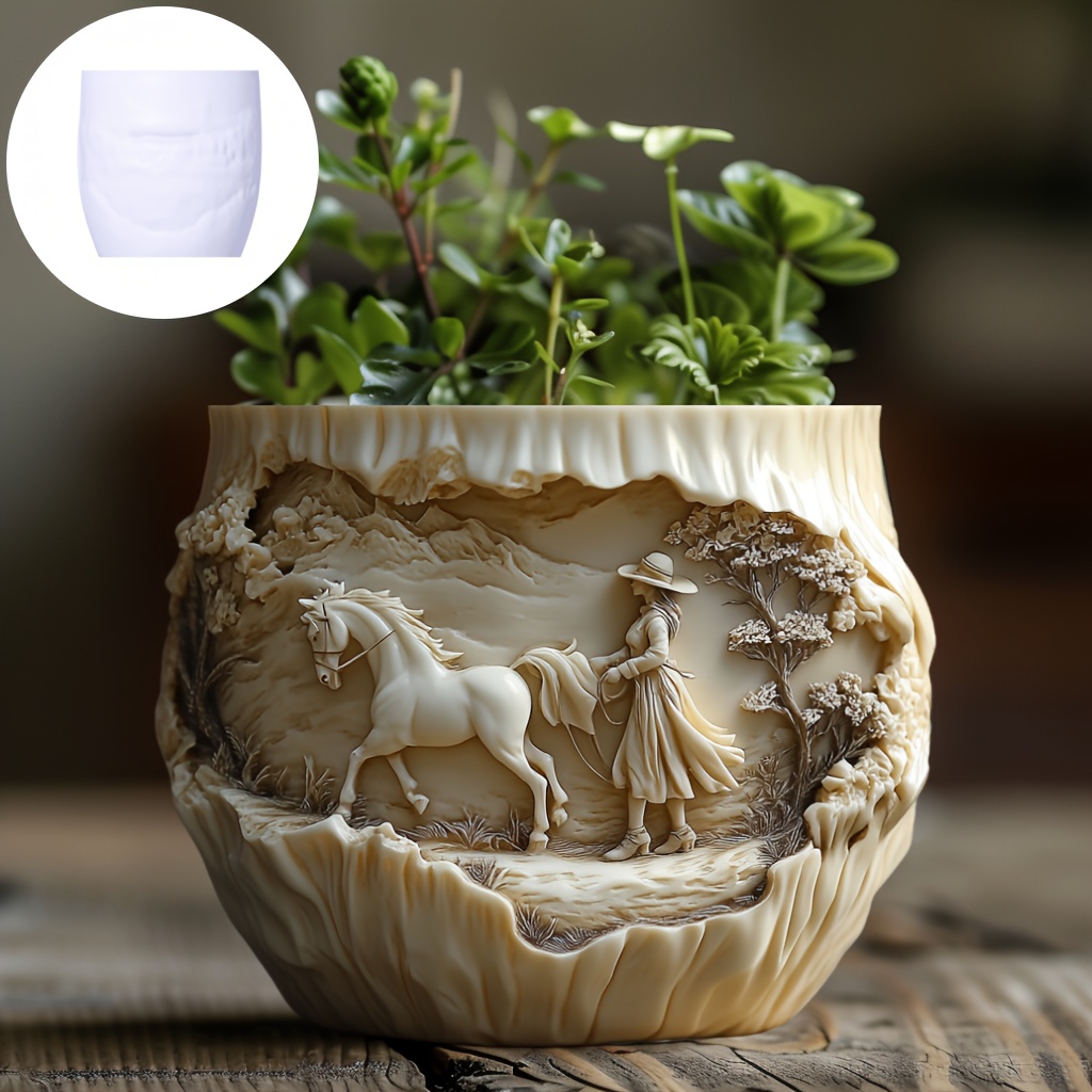 Ceramic Candle Vessel - Beauty holding horse relief succulent plant