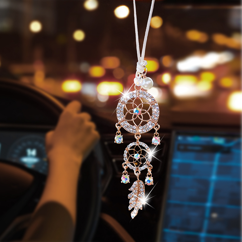 Interior Design Texture - Diamond-encrusted flower shape dreamcatcher car pendant,