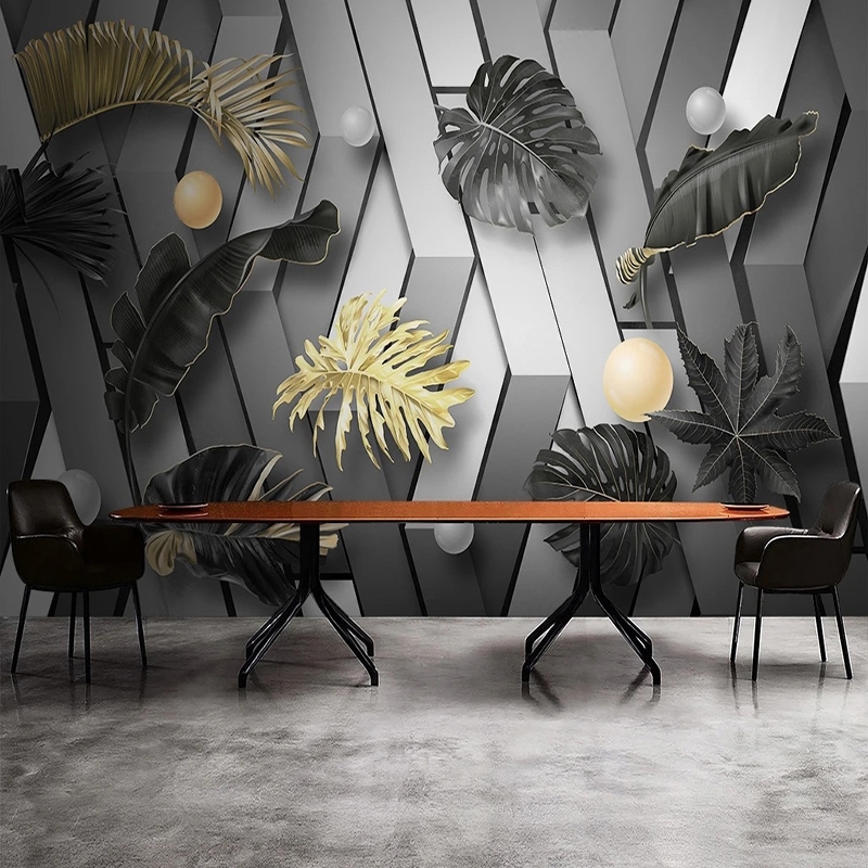 Custom 3D Golden Leaf Wallpape - Interior Design Tv Room avis et prix