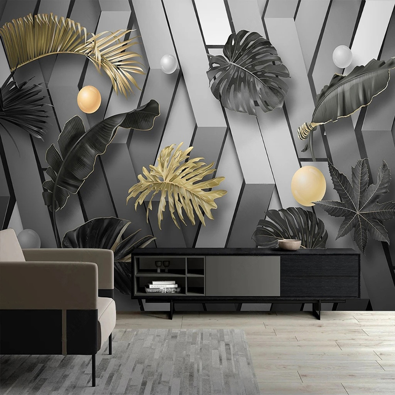 Custom 3D Golden Leaf Wallpape - Interior Design Tv Room avis et prix