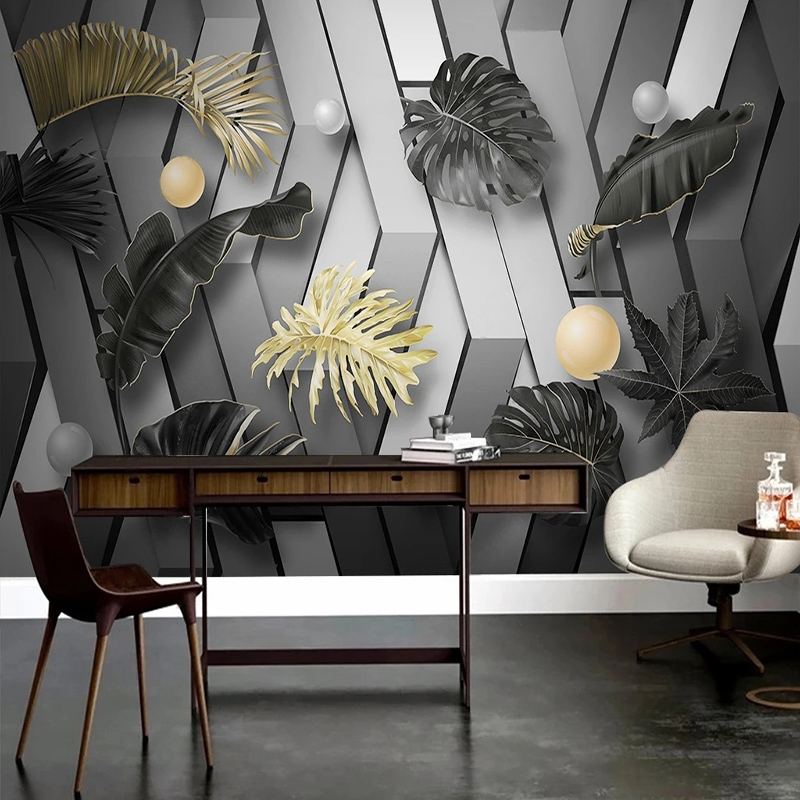 Custom 3D Golden Leaf Wallpape - Interior Design Tv Room avis et prix